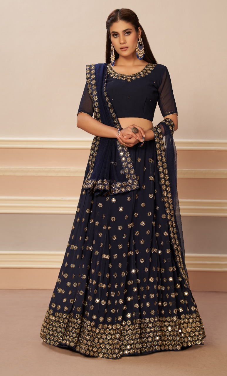 aawiya official 1203 navya blue mirror georgette attractive look lehenga catalog