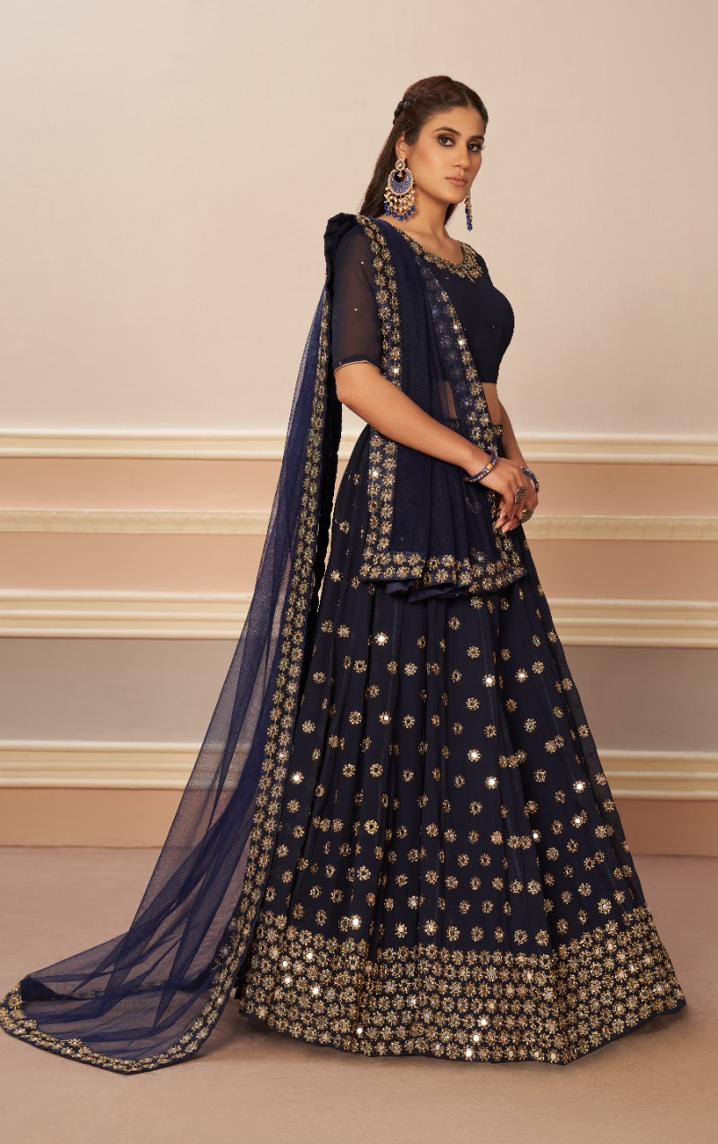 aawiya official 1203 navya blue mirror georgette attractive look lehenga catalog