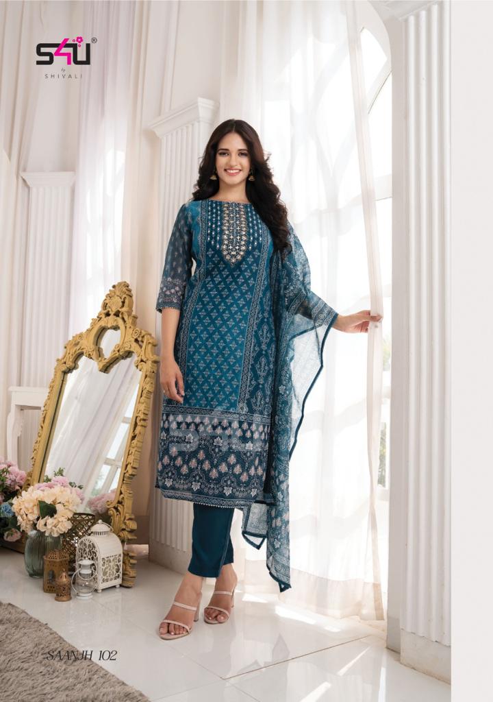 s4u saanjh chanderi gorgeous look kurti with pant and dupatta catalog