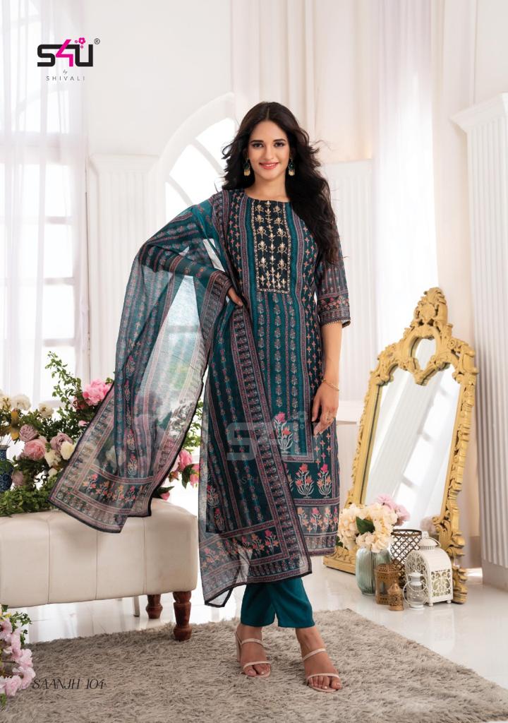 s4u saanjh chanderi gorgeous look kurti with pant and dupatta catalog