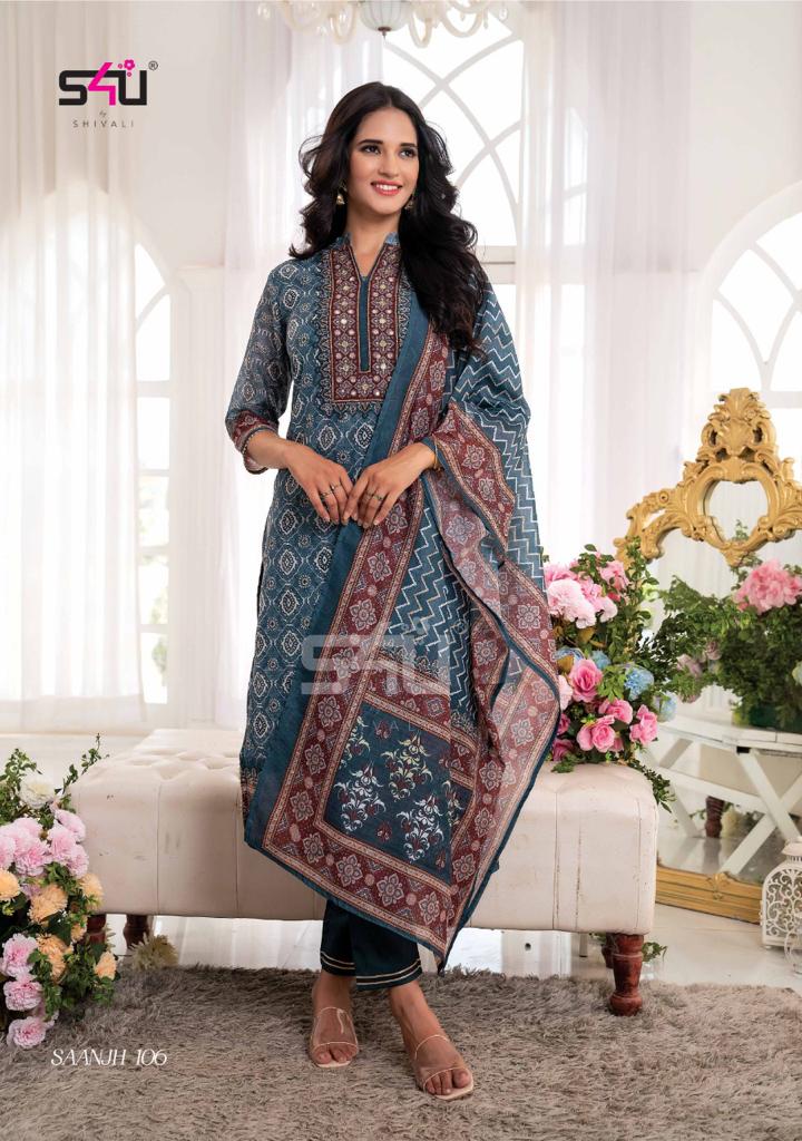 s4u saanjh chanderi gorgeous look kurti with pant and dupatta catalog