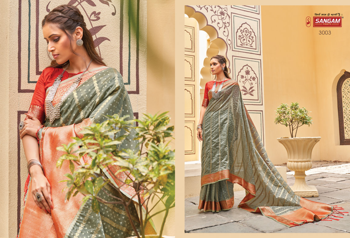 sangam print gulmohar organza catchy look saree catalog