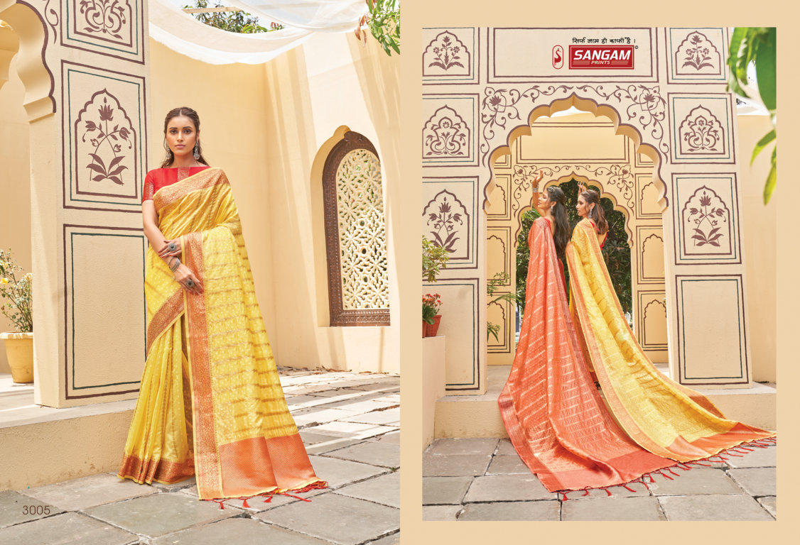 sangam print gulmohar organza catchy look saree catalog