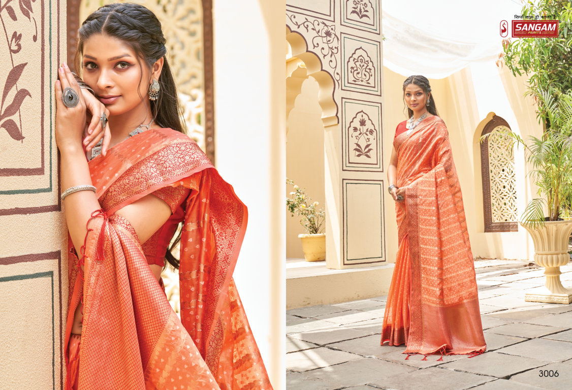 sangam print gulmohar organza catchy look saree catalog