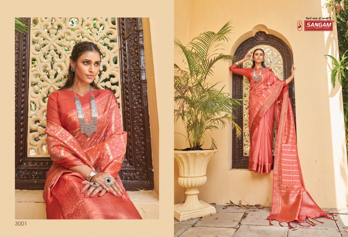 sangam print gulmohar organza catchy look saree catalog