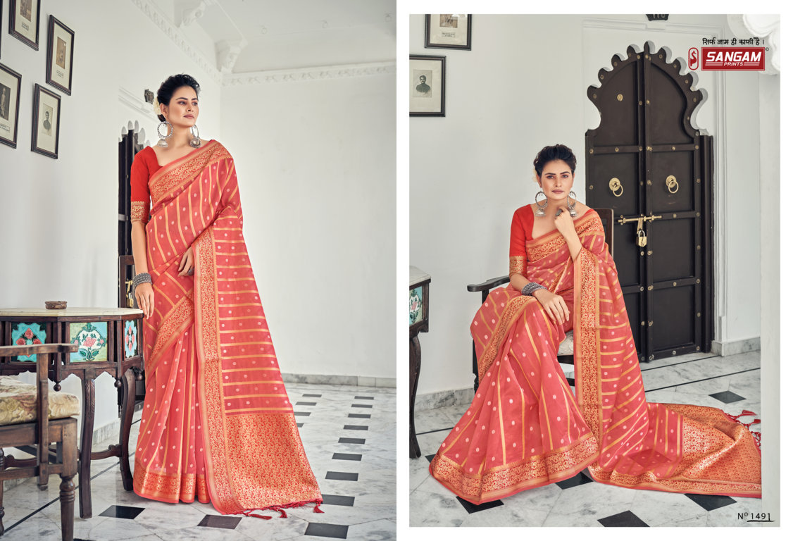 sangam print saraswati organza regal look saree catalog