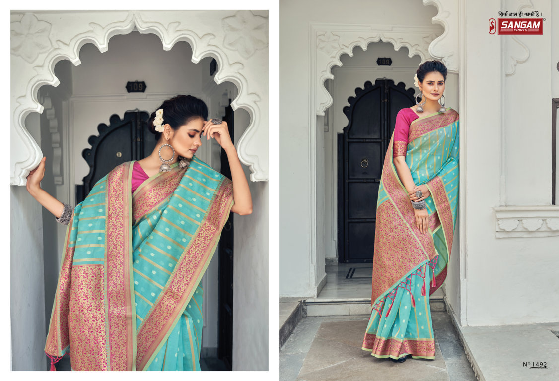 sangam print saraswati organza regal look saree catalog