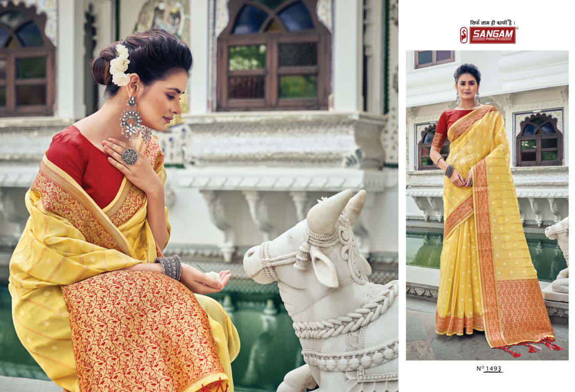 sangam print saraswati organza regal look saree catalog