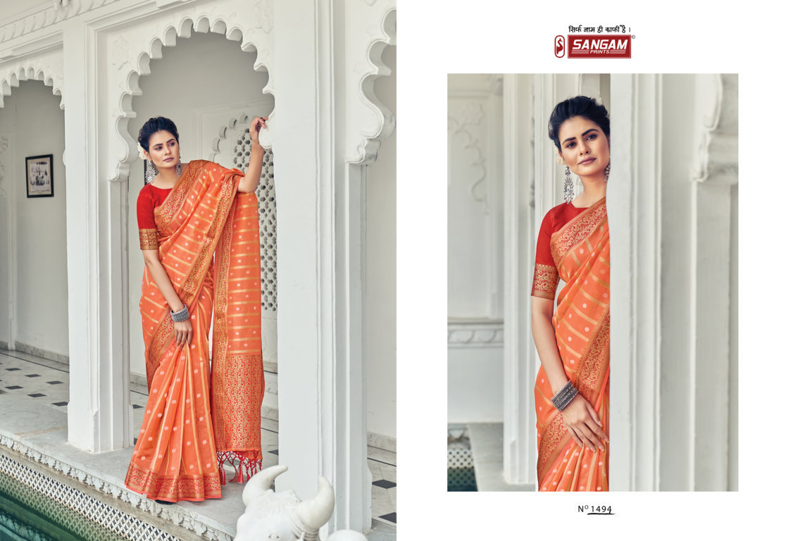 sangam print saraswati organza regal look saree catalog