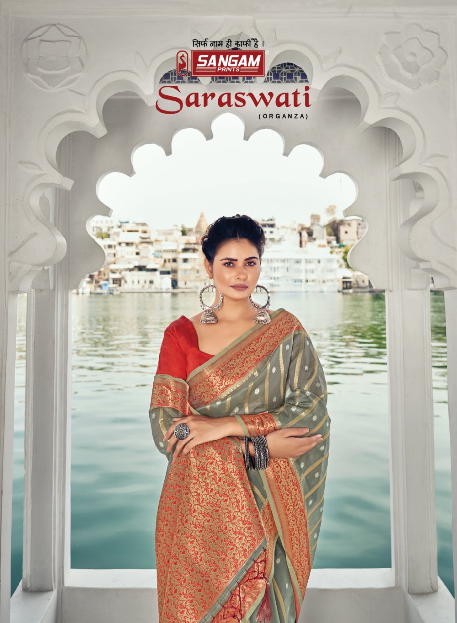 sangam print saraswati organza regal look saree catalog