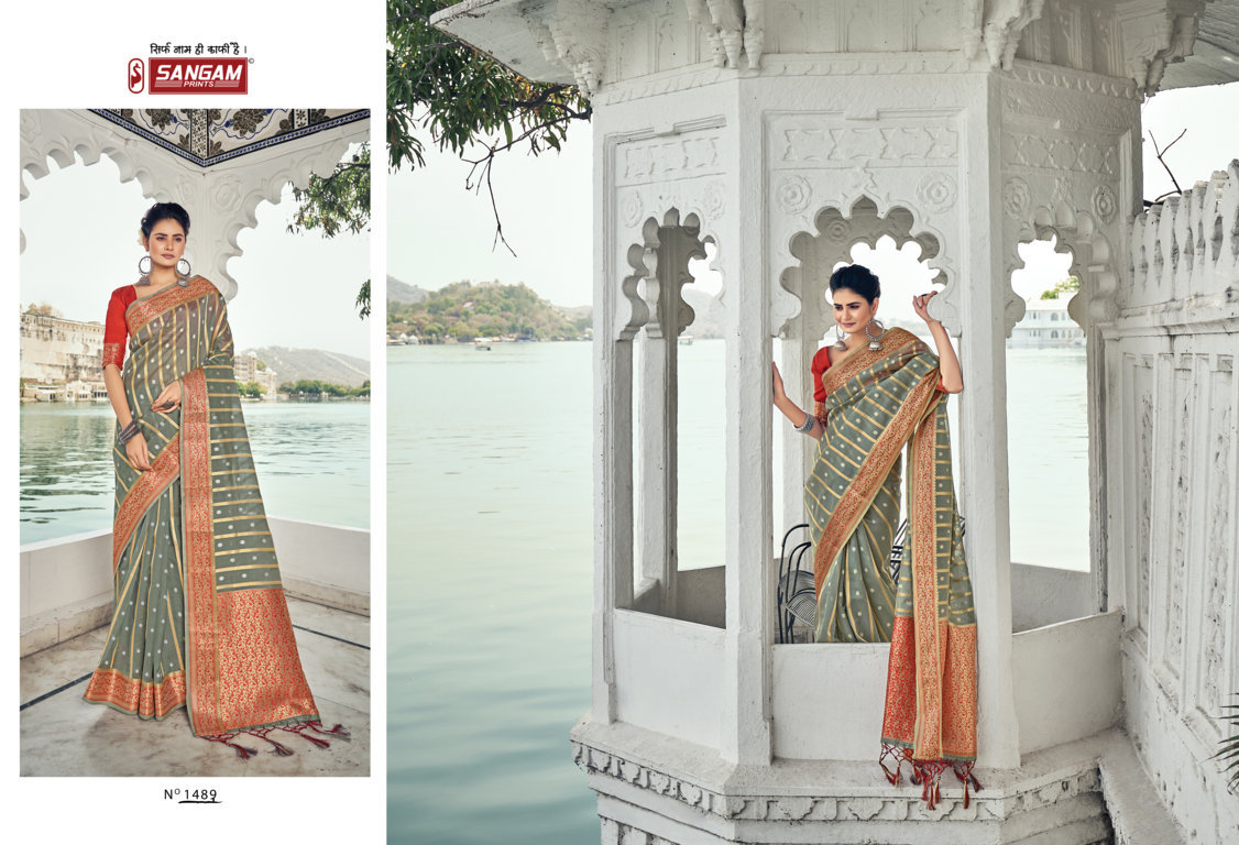 sangam print saraswati organza regal look saree catalog