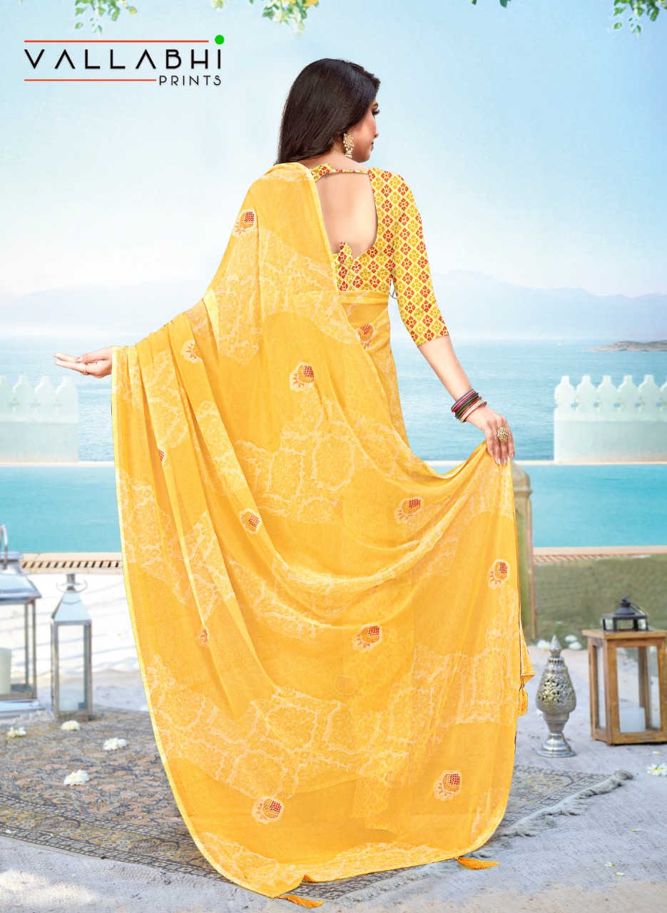 vallabhi print gold georgette elegant look saree catalog