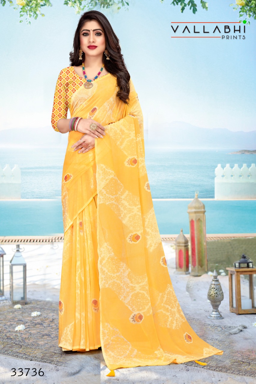 vallabhi print gold georgette elegant look saree catalog