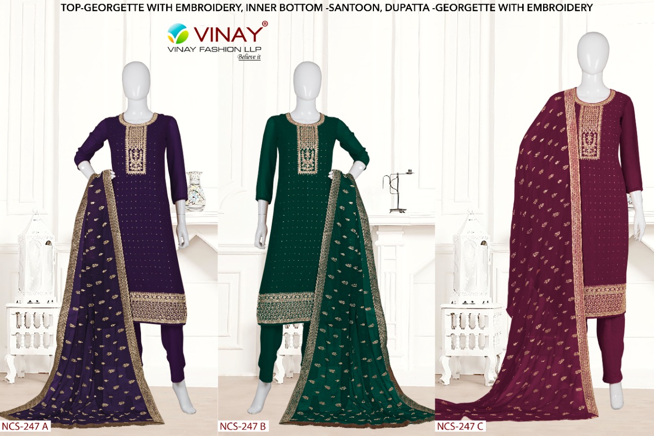 vinay fashion ncs 247 georgette decent embroidary look salwar suit catalog