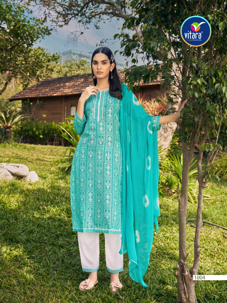 vitara fashion victoria reyon decent look top with pant and dupatta catalog