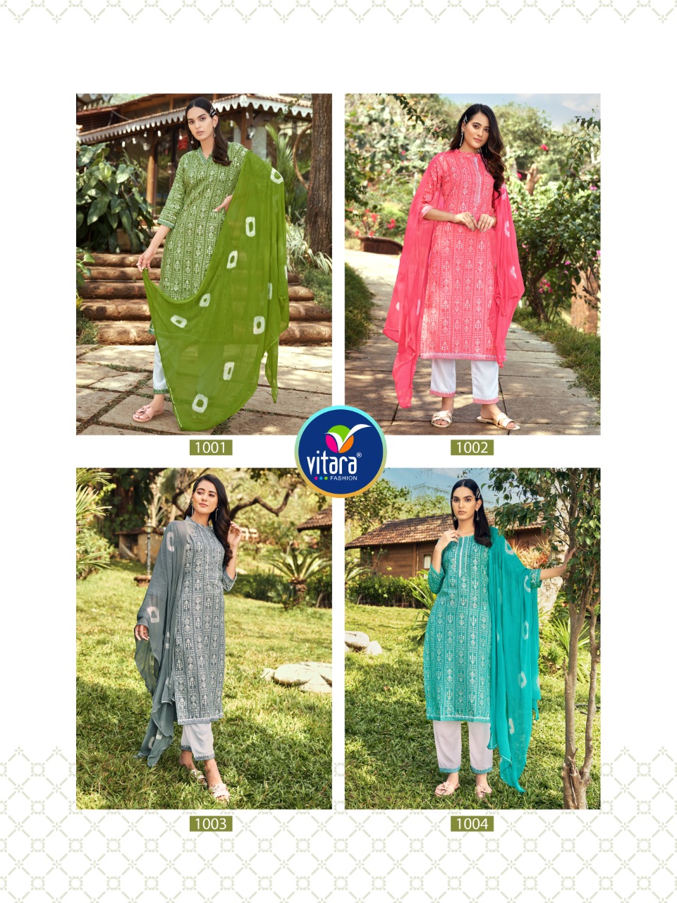 vitara fashion victoria reyon decent look top with pant and dupatta catalog