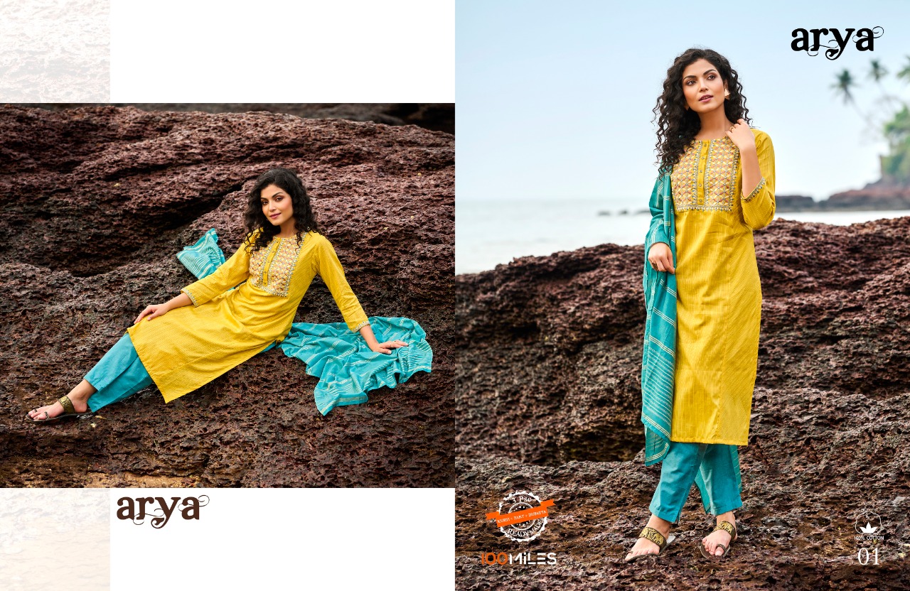 100 miles arya cotton new and modern style top bottom with dupatta catalog