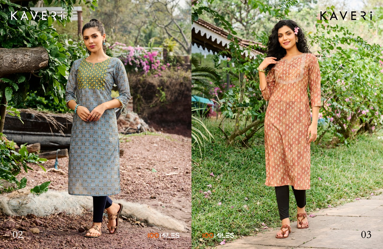 100 miles kaveri modal decent embroidary look kurti catalog