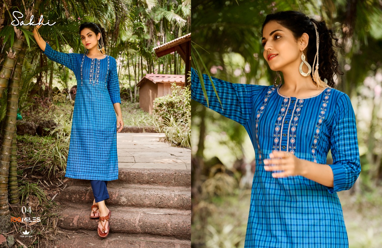 100 Miles sakhi cotton decent embrodairy look kurti catalog