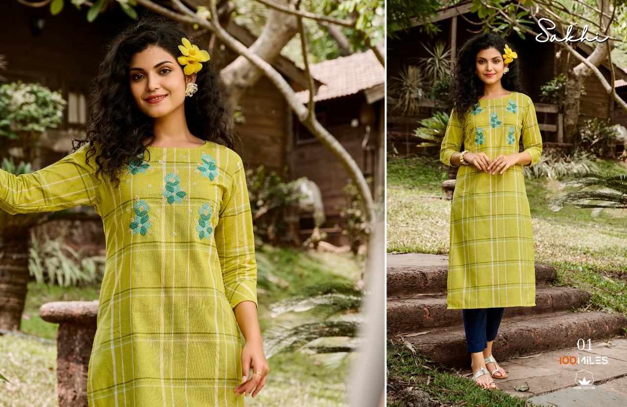 100 Miles sakhi cotton decent embrodairy look kurti catalog