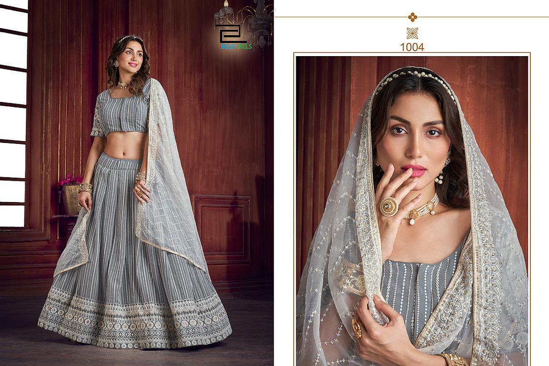 blue hills moon walk georgette new and modern style top with lengha and dupatta catalog