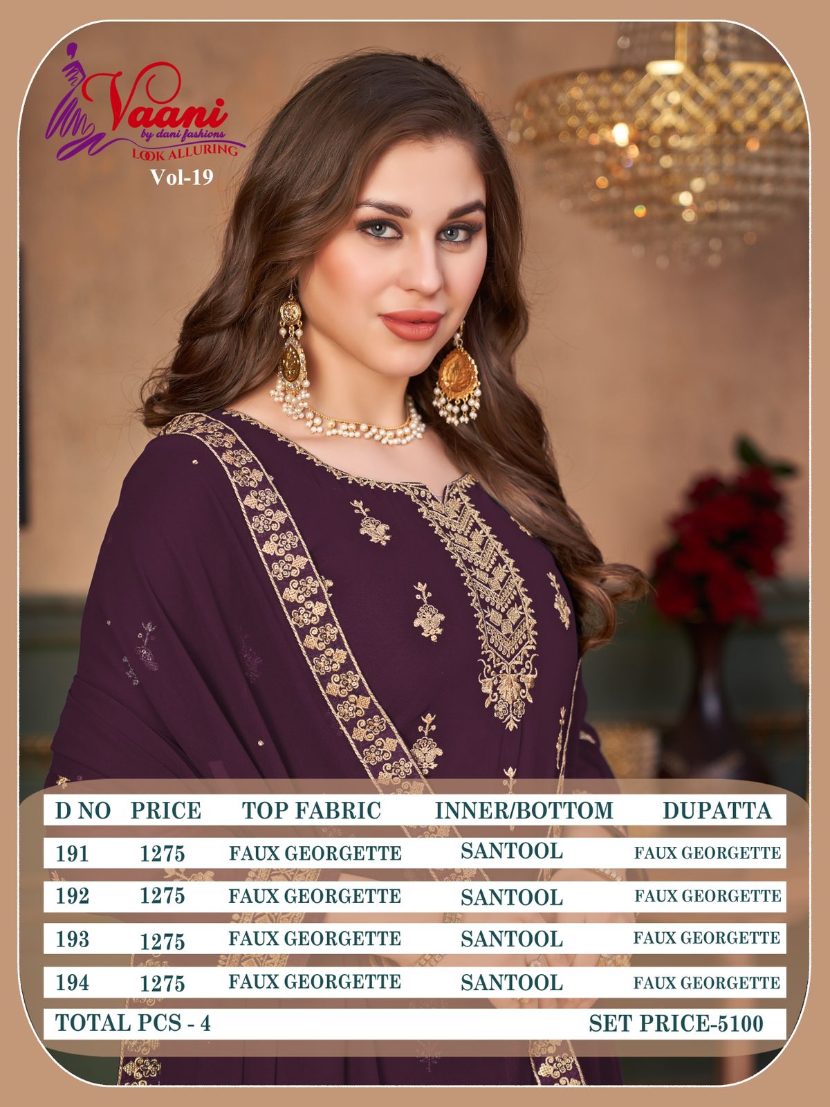 dani vaani vol 19 georgette Regal look salwar suit catalog