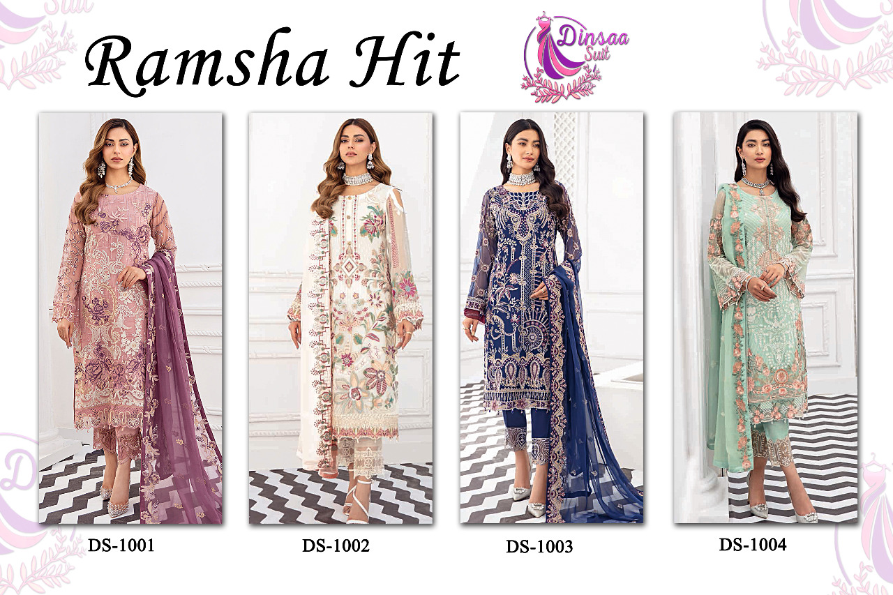 dinsaa suit ramsha hit 1001 1004 georgette regal look salwar suit catalog