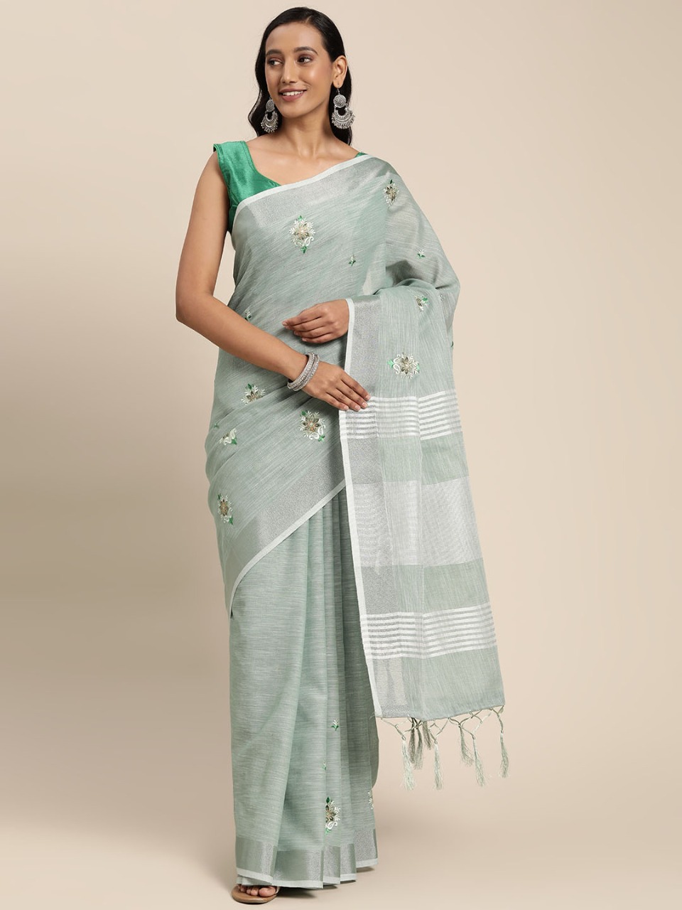 sangam print swara linen decent look saree catalog