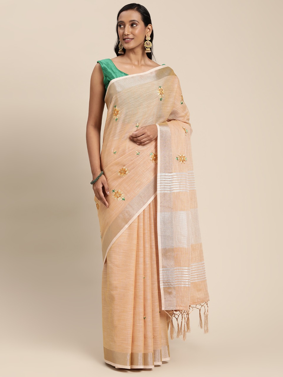 sangam print swara linen decent look saree catalog