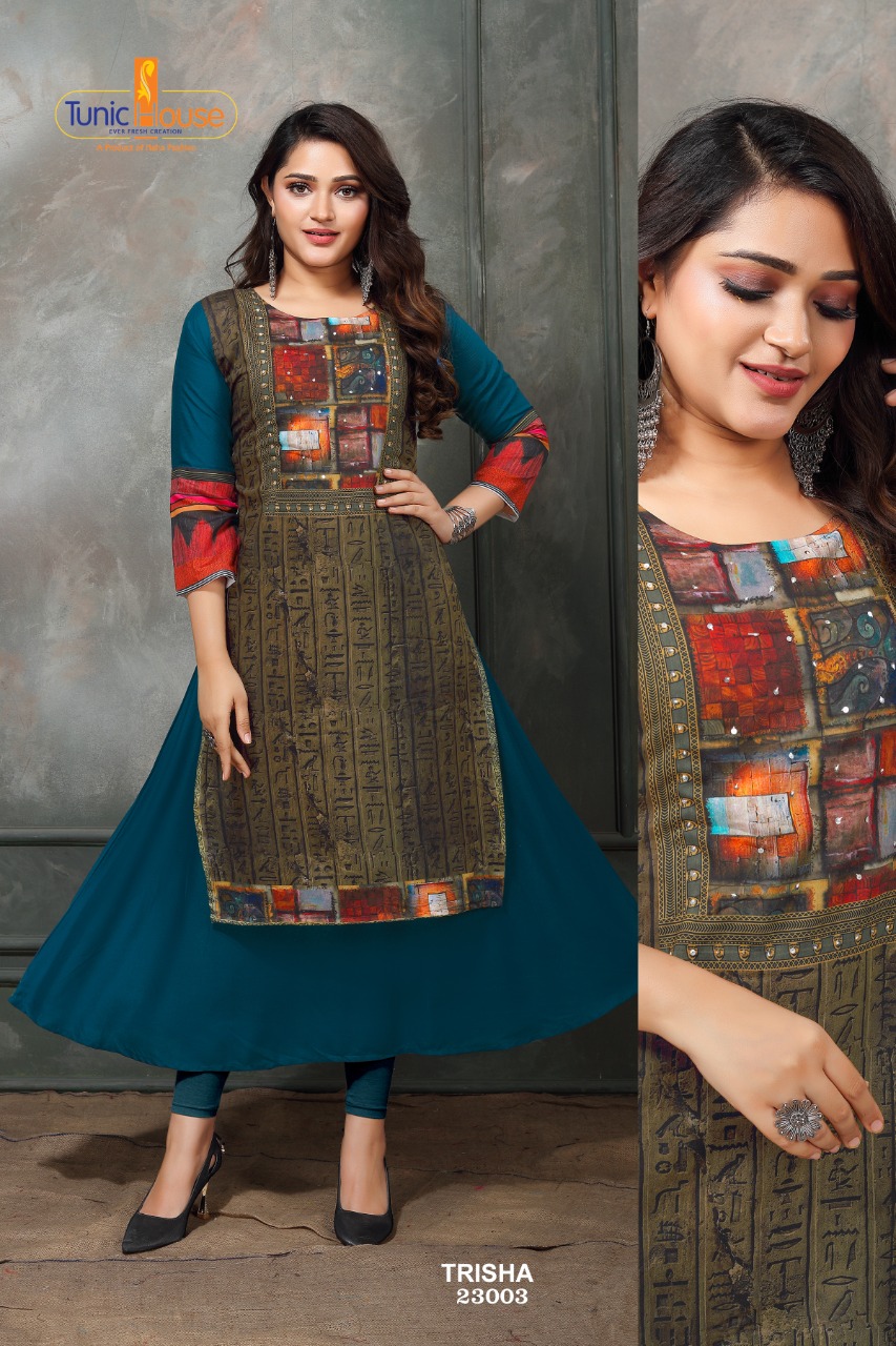 tunic house trisha chanderi silk attractive look long kurti catalog