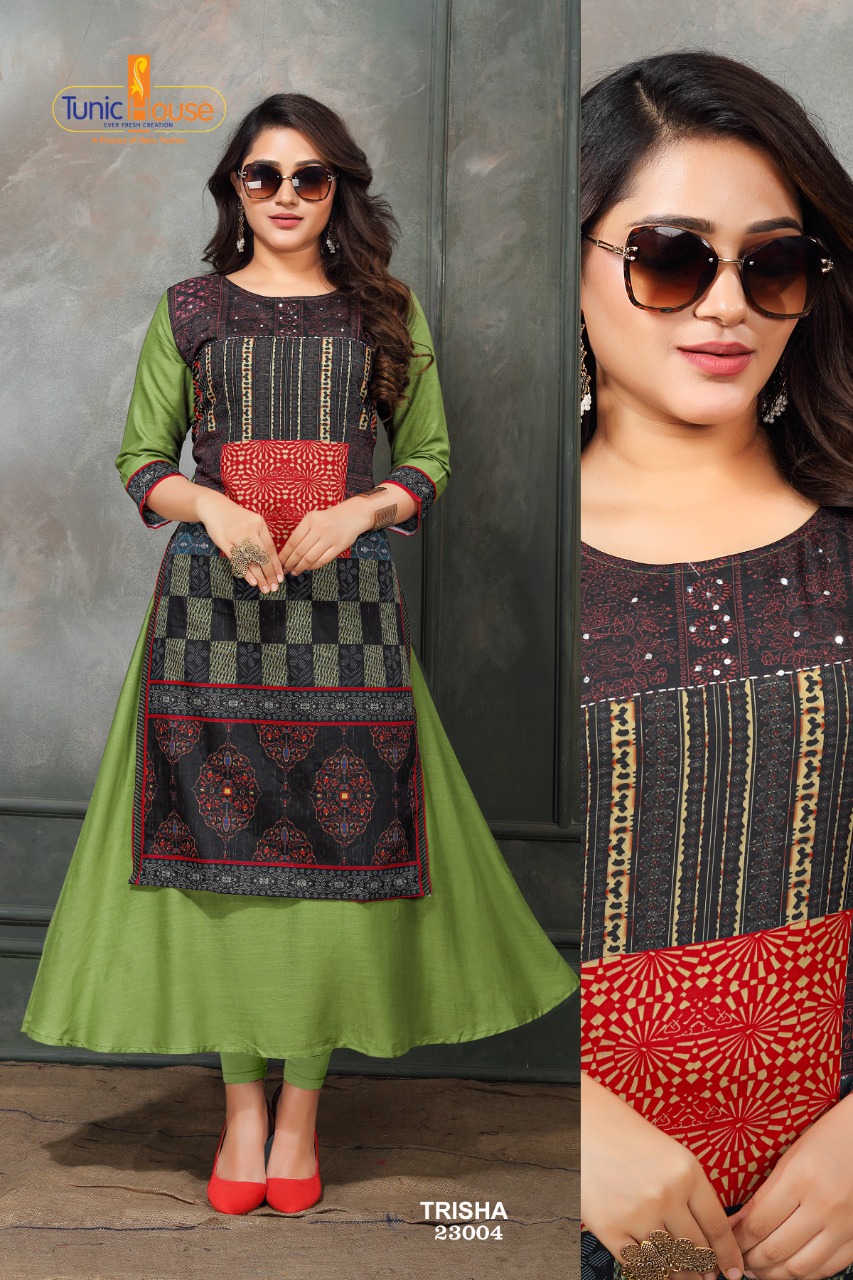 tunic house trisha chanderi silk attractive look long kurti catalog