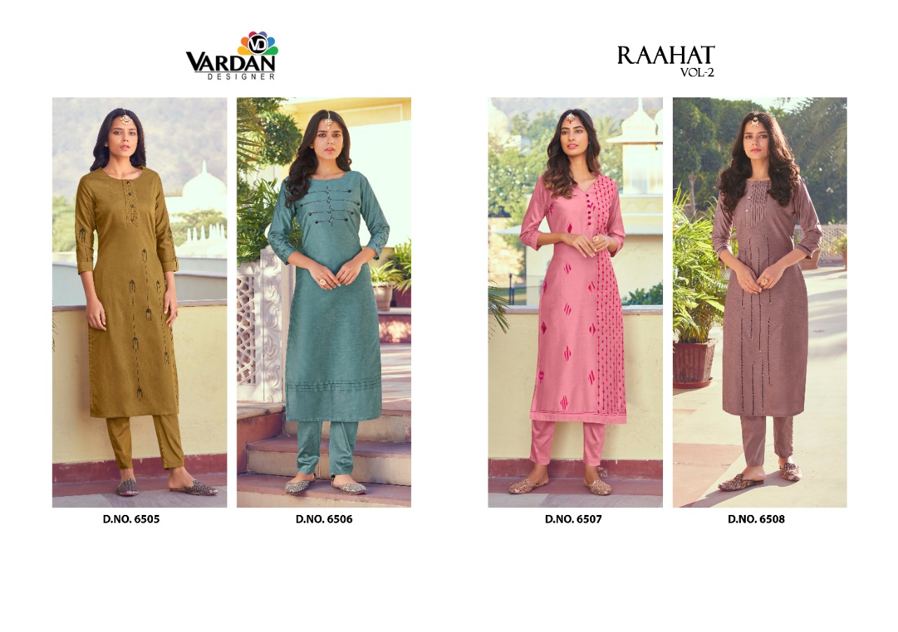 vardan designer raahat vol 2 silk exclusive look kurti with pant catalog