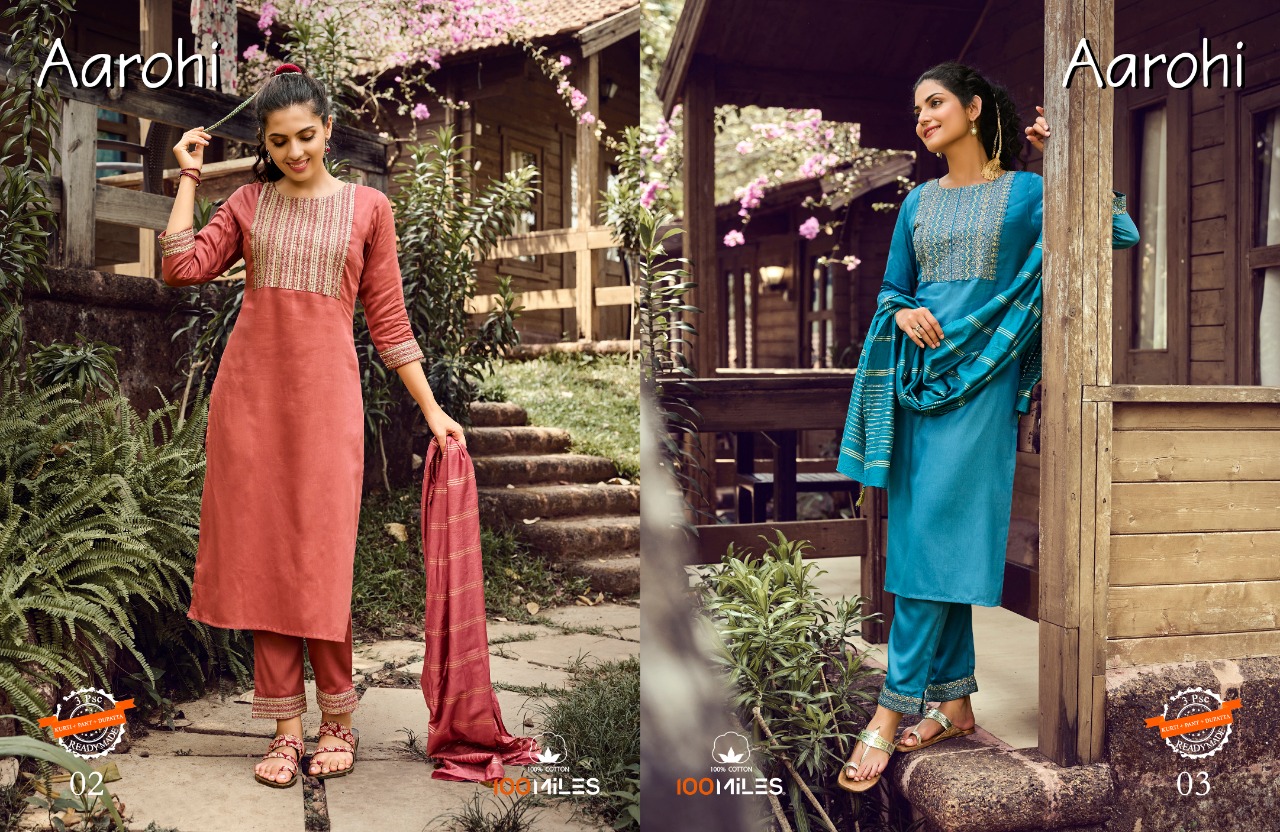 100 miles aarohi cotton new and modern style top bottom with dupatta catalog