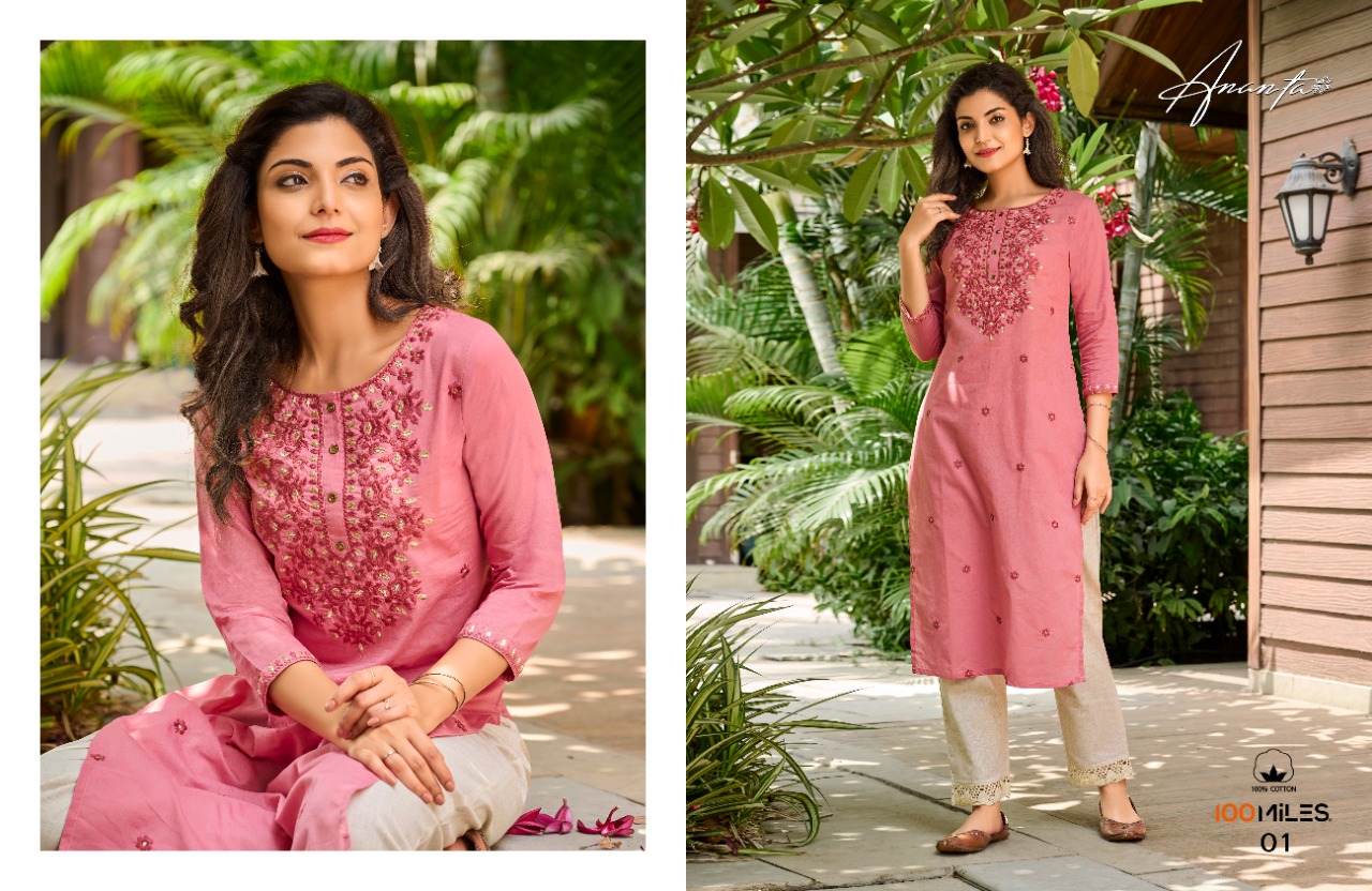 100 miles ananta cotton decent embroidry look kurti catalog