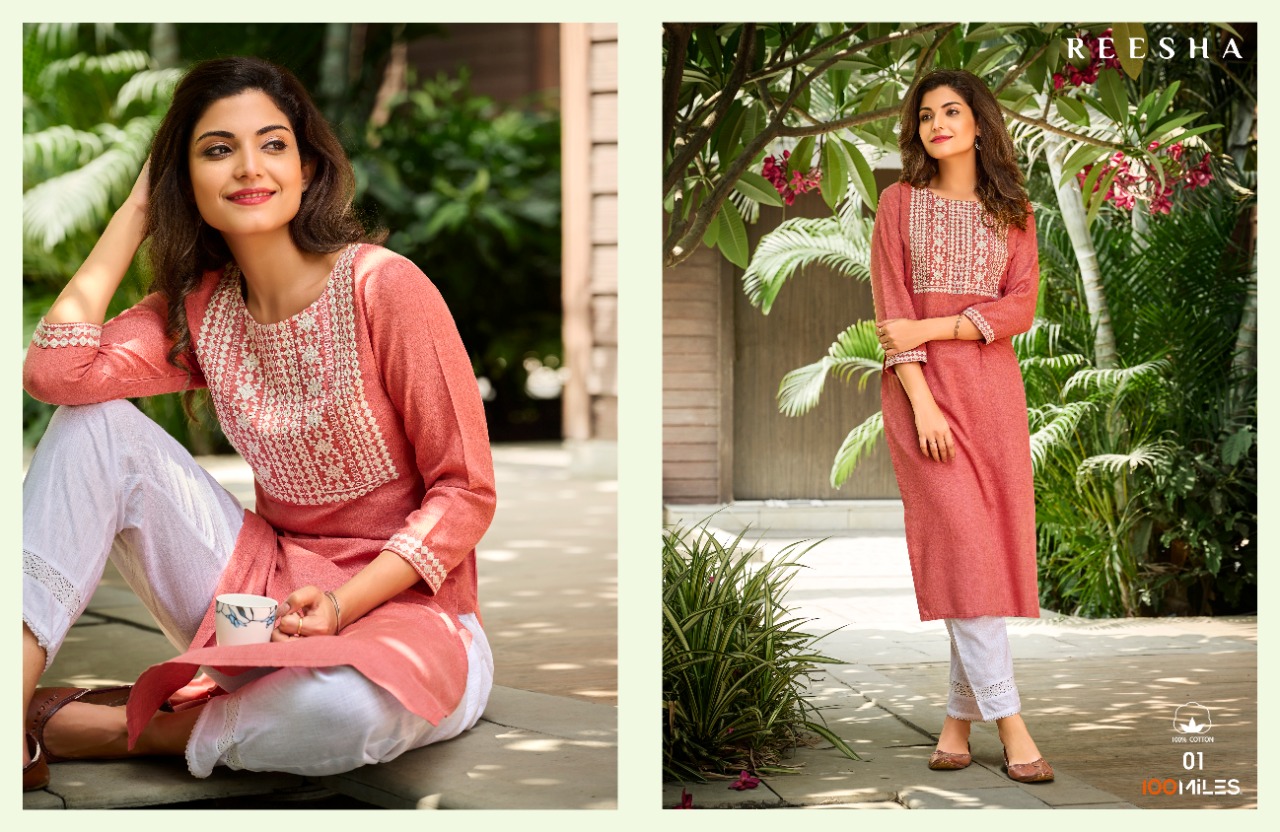 100 miles reesha Pure Linen Cotton authentic fabric kurti catalog