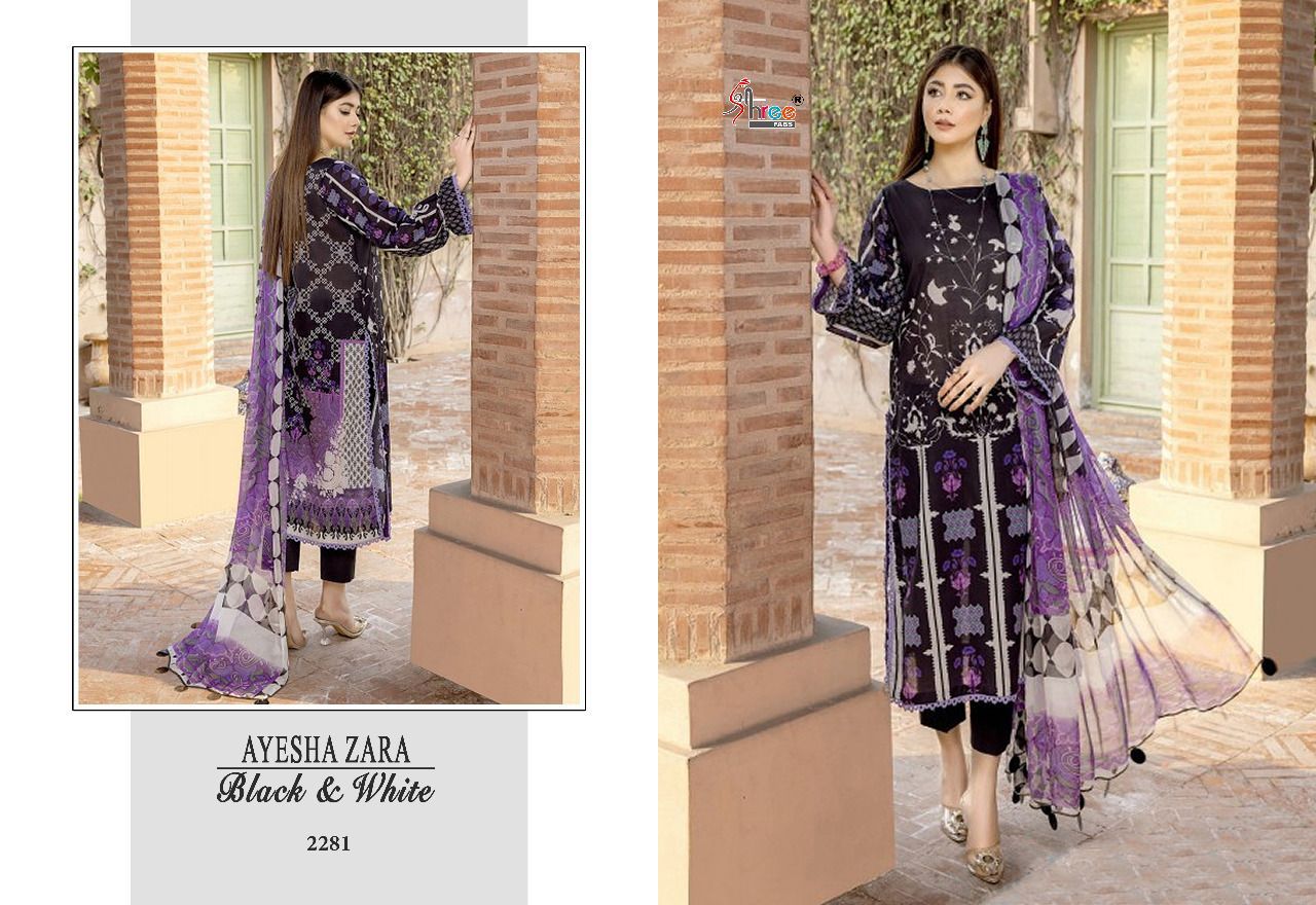 shree fab ayesha zara black and white cotton festive look salwar suit silver dupatta catalog