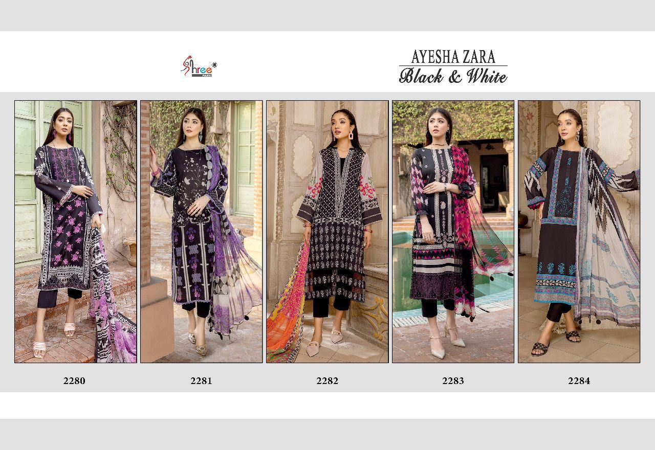 shree fab ayesha zara black and white cotton festive look salwar suit silver dupatta catalog