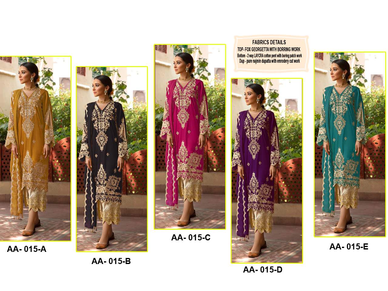 aarsh d no 015 georgette decent embroidary look top bottom with dupatta catalog