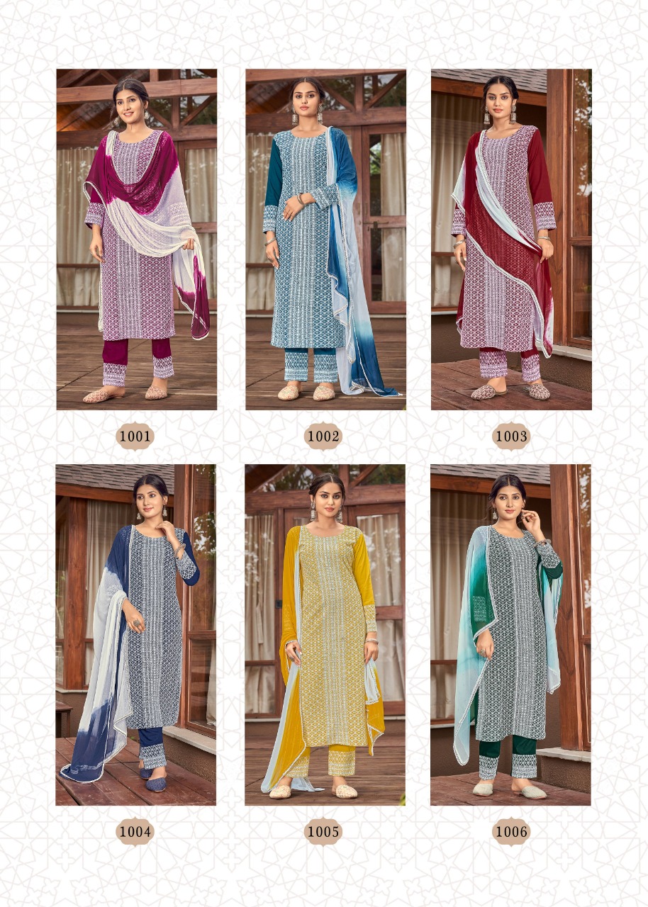 banwery fashion schiffli 2 rayon classic trendy look  top with pant and dupatta  catalog