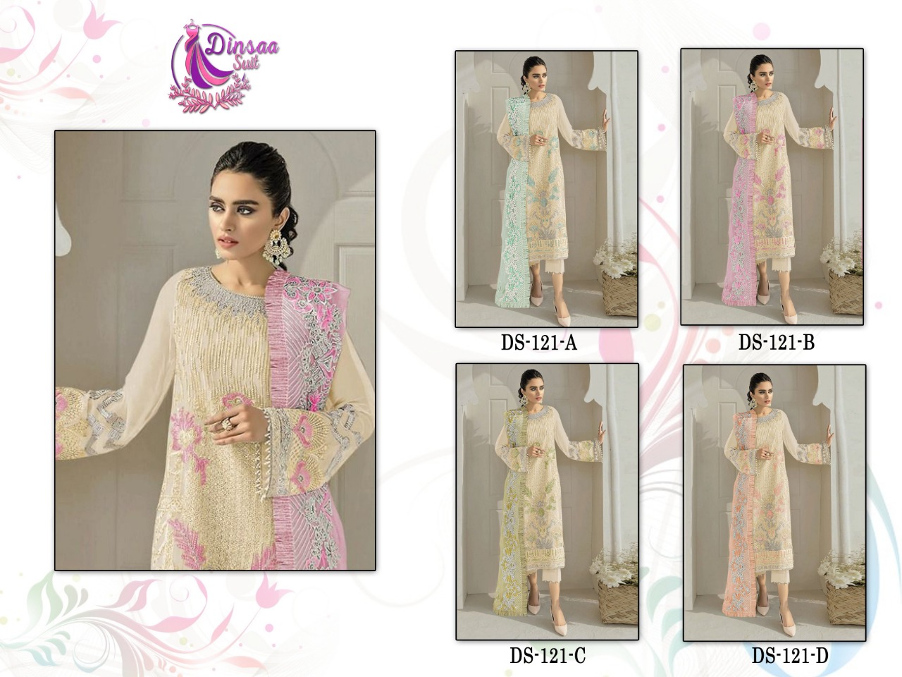 dinsaa suit  D 121 A B C D georgette regal look salwar suit catalog