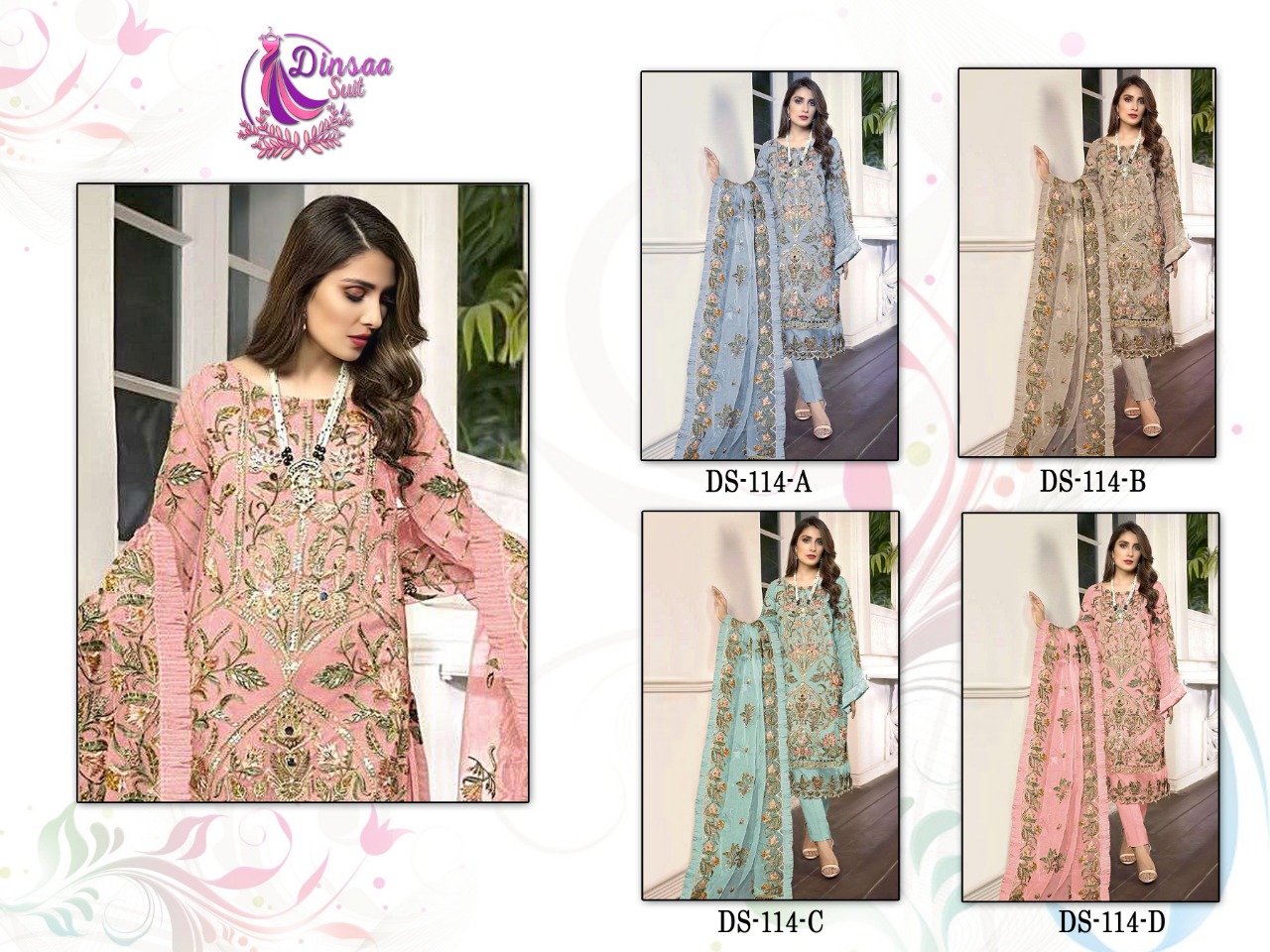 dinsaa suit D 114 A  B  C D georgette decent look salwar suit catalog