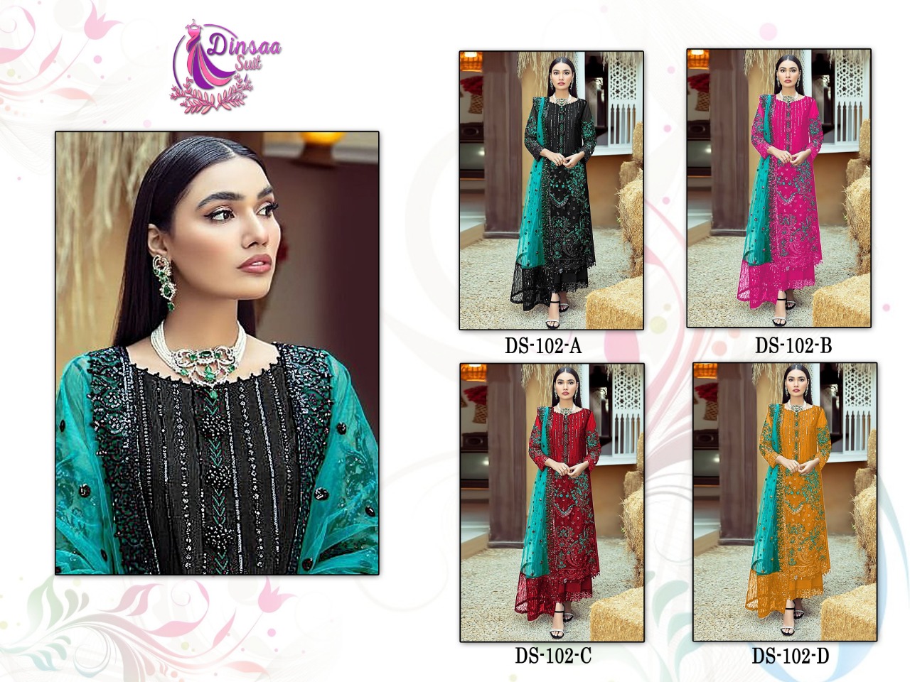 dinsaa suit 102 ABCD georgette regal look salwar suit catalog