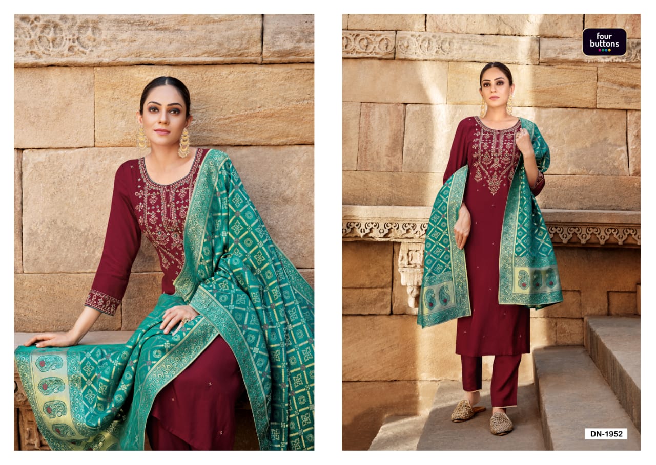 four buttons Bandhej ciscose silk decent look and colour top bottom with dupatta catalog