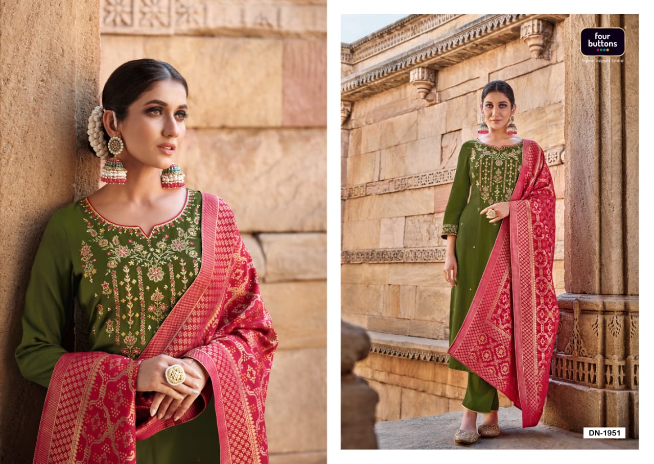 four buttons Bandhej ciscose silk decent look and colour top bottom with dupatta catalog