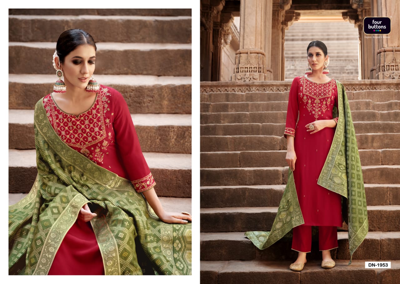 four buttons Bandhej ciscose silk decent look and colour top bottom with dupatta catalog