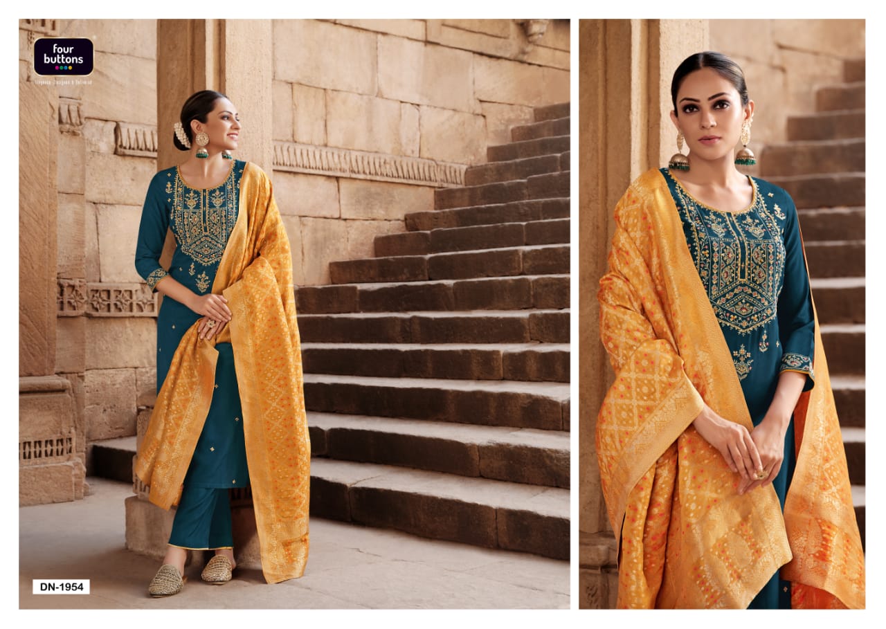 four buttons Bandhej ciscose silk decent look and colour top bottom with dupatta catalog