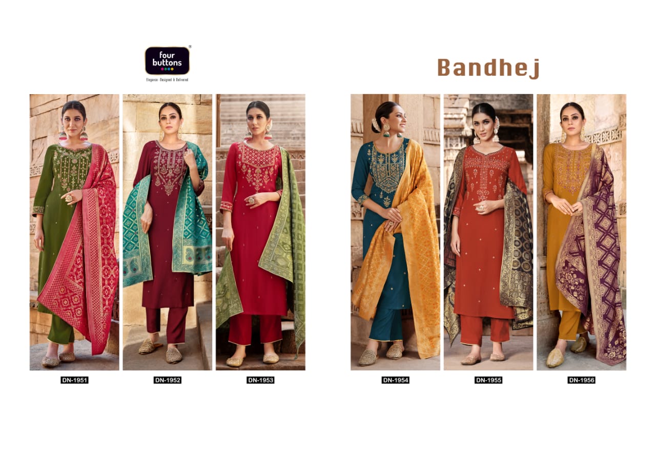 four buttons Bandhej ciscose silk decent look and colour top bottom with dupatta catalog