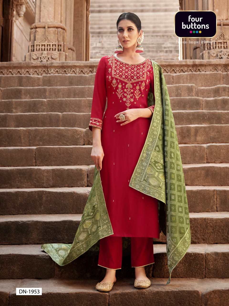 four buttons Bandhej ciscose silk decent look and colour top bottom with dupatta catalog