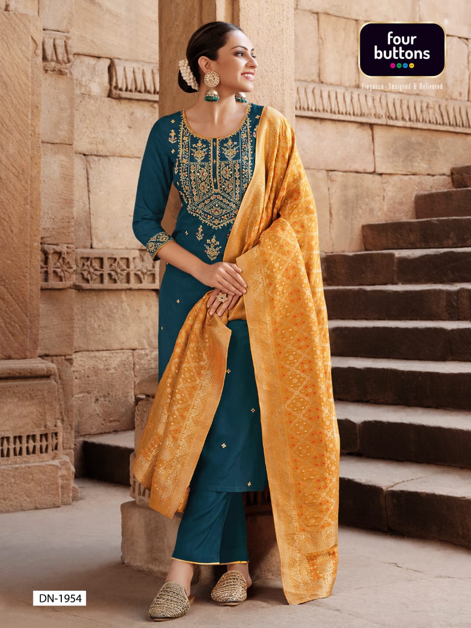 four buttons Bandhej ciscose silk decent look and colour top bottom with dupatta catalog