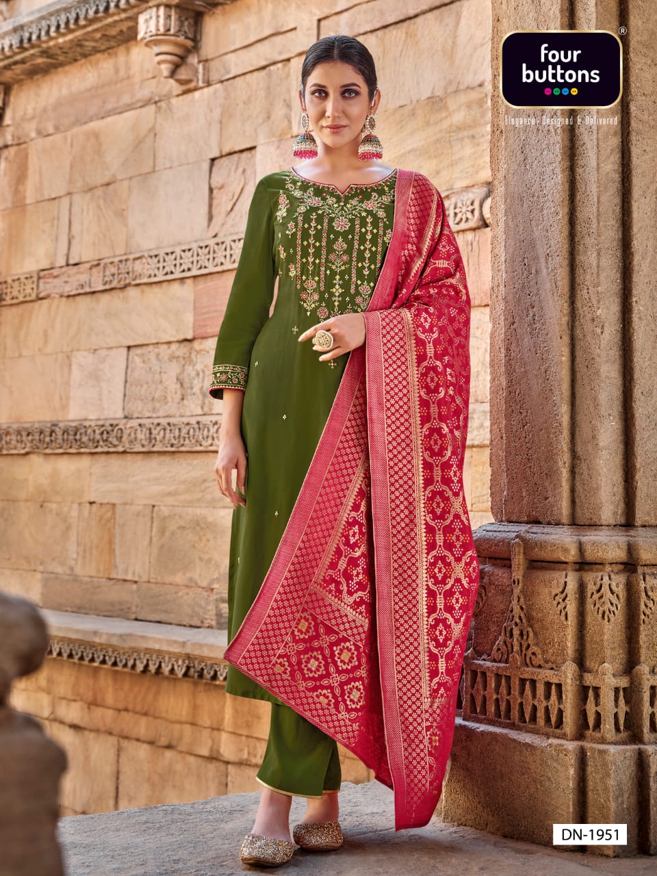 four buttons Bandhej ciscose silk decent look and colour top bottom with dupatta catalog